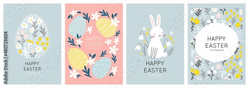 Happy Easter vector card. Hand-drawn design of Spring greeting card. Vertical card with egg, spring flowers.