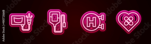 Set line Ultrasound, IV bag, Hospital signboard and Healed broken heart. Glowing neon icon. Vector
