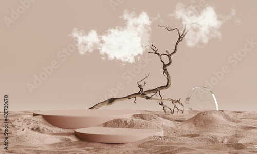Podium with branch on sand background for product presentation. Natural beauty pedestal, relaxation and health, 3d illustration.