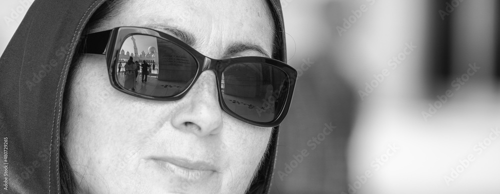 Happy caucasian female visit a islamic Mosque. Happy caucasian female visit a islamic Mosque.