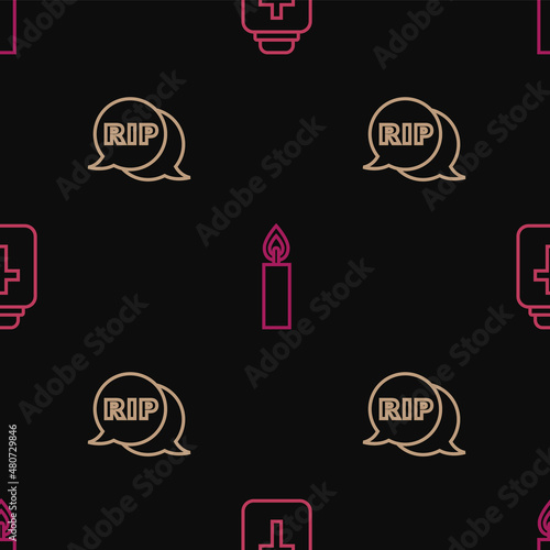 Set line Funeral urn, Speech bubble rip death and Burning candle on seamless pattern. Vector