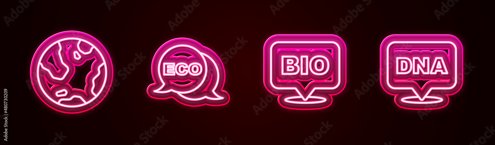 Set line Earth globe, Label for eco healthy food, Bio and DNA symbol. Glowing neon icon. Vector Set line Earth globe, Label for eco healthy food, Bio and DNA symbol. Glowing neon icon. Vector