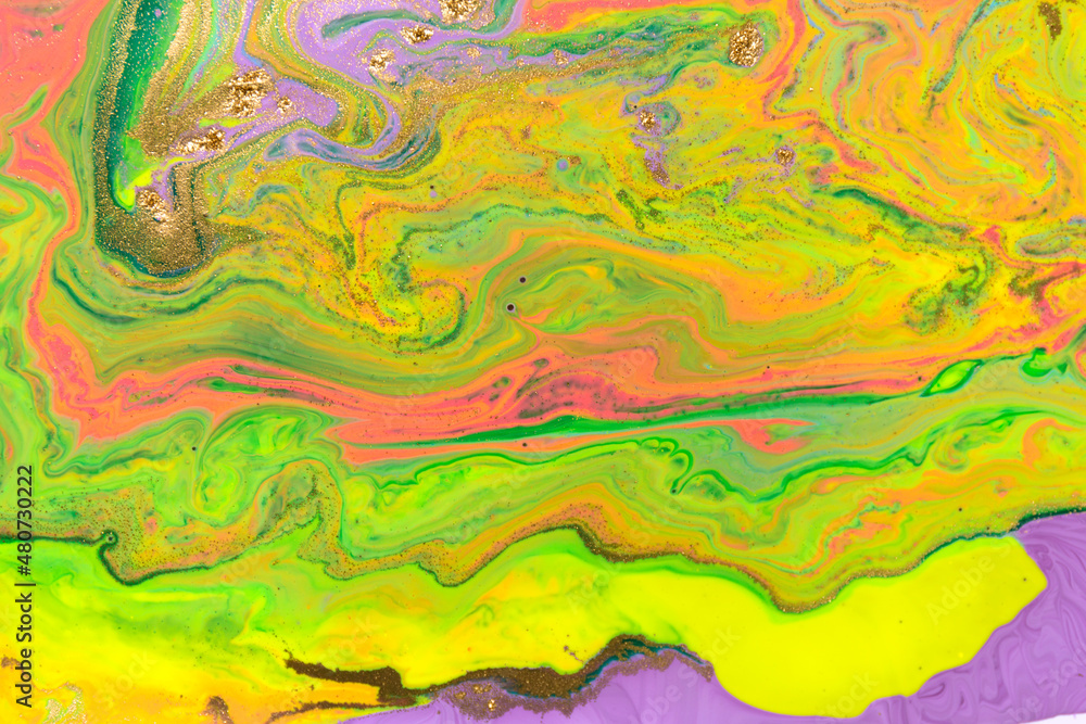 Abstract green, yellow and purple wave mix ink texture. Marble background. Abstract green, yellow and purple wave mix ink texture. Marble background.