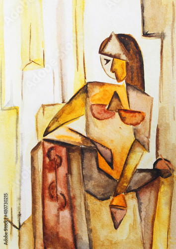 watercolor cubism woman portpait photo