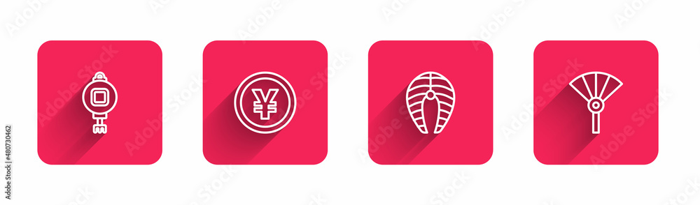 Set line Chinese paper lantern, Yuan currency, Fish steak and or japanese folding fan with long shadow. Red square button. Vector Set line Chinese paper lantern, Yuan currency, Fish steak and or japanese folding fan with long shadow. Red square button. Vector