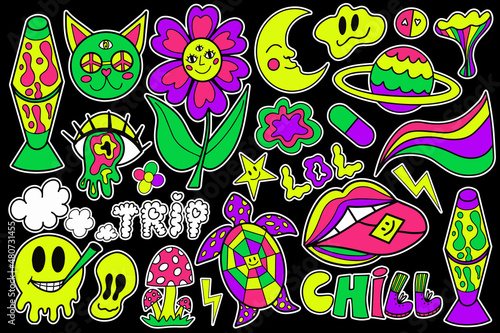 Psychedelic neon trip hipster set stickers. Retro 70s, hippie stickers, groovy sticker elements. Cartoon funky flowers, rainbow, acid hippy style. vector illustration