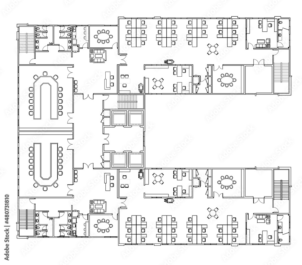 An office layout drawing complete with the office furniture in 2D CAD drawing. Drawing in black in white. The office has large meeting room. 