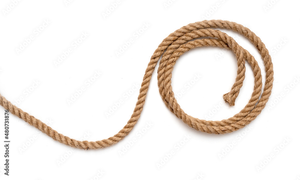 Long twisted rope, cable isolated on white, top view