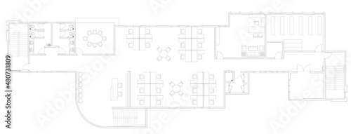 An office layout drawing complete with the office furniture in 2D CAD drawing. Drawing in black in white. The office has large meeting room. 