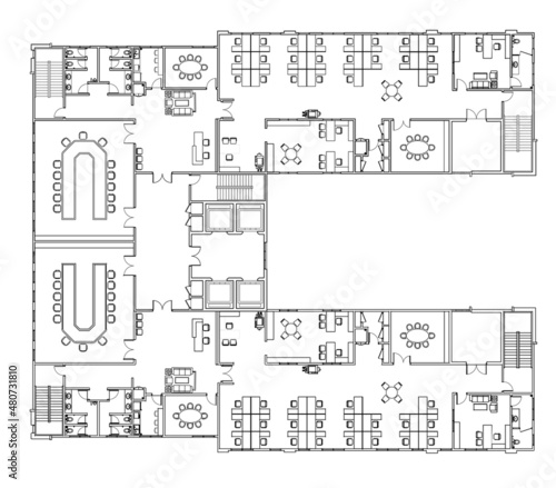 An office layout drawing complete with the office furniture in 2D CAD drawing. Drawing in black in white. The office has large meeting room. 