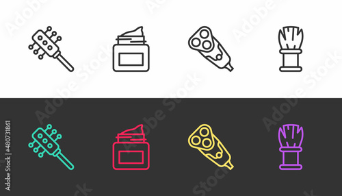 Set line Hairbrush, Cream cosmetic jar, Electric razor blade and Shaving on black and white. Vector
