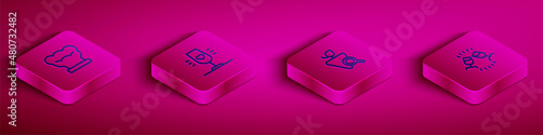 Set Isometric line Chef hat, Wine glass, Grapes and tasting, degustation icon. Vector