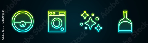 Set line Robot vacuum cleaner, Washer, Home cleaning service and Dustpan. Glowing neon icon. Vector