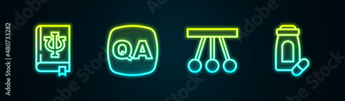 Set line Psychology book, Psi, Question and Answer, Pendulum and Sedative pills. Glowing neon icon. Vector