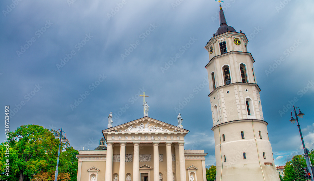 Bell Tower And Facade Of Cathedral Basilica Of St. Stanislaus And St. Vladislav On Cathedral Square in Vilnius, Lithuania.