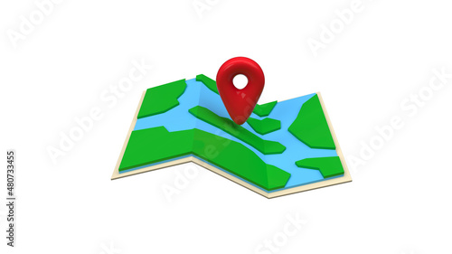 icon location pin on a 3d map isolated on white, 3d illustration