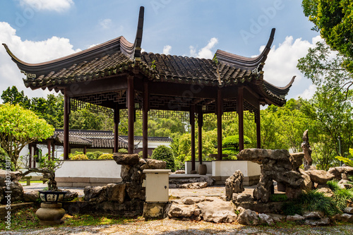 A pavilion at the Suzhou style Bonsai Garden located at the Chinese Garden part of Jurong Lake Gardens, Singapore. photo