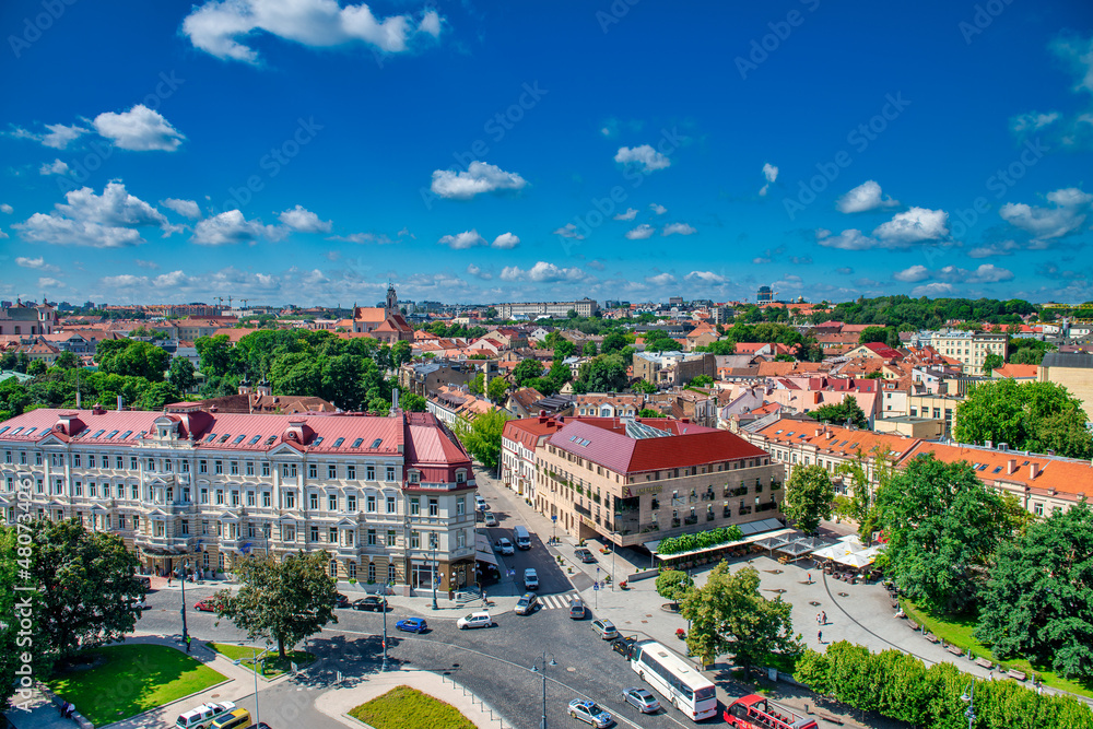 VILNIUS, LITHUANIA - JULY 10, 2017: Aerial view of Vilnius city skyline on a clear sunny day.