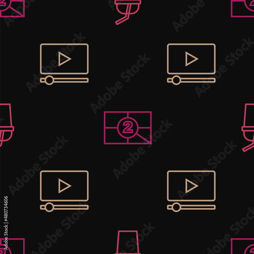 Set line Paper glass with water, Online play video and Old film movie countdown frame on seamless pattern. Vector photo