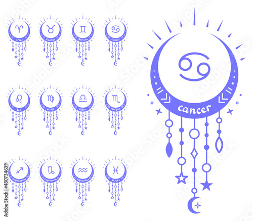 Zodiac signsin tribal style. Set of monochrome silhouette symbols. Vector boho design concept with moon and astrological zodiac signs names. Horoscope icon.