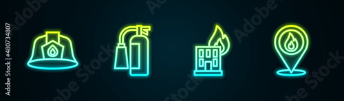 Set line Firefighter helmet, extinguisher, burning building and Location with fire flame. Glowing neon icon. Vector