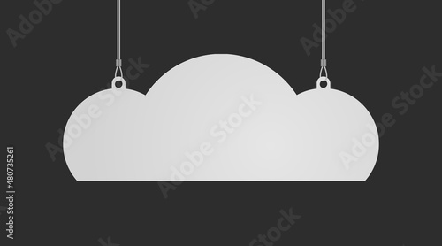 Cloud shaped dangler hanging from ceiling realistic mockup. Mock up of advertising promotion pointer for supermarket sale announcement on dark background. Mall store label vector illustration