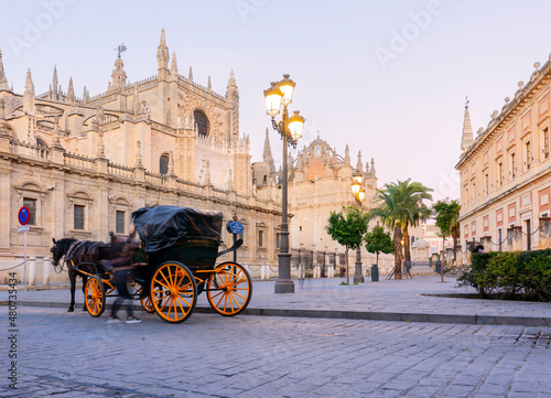 Seville, Spain, Facade of the Cathedral of Gothic in Seville, Spain. Wagons with horses for riding tourists in the background of the cathedral - sunset
