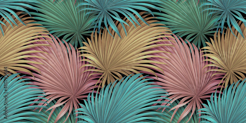 Wallpaper Mural Tropical background, colorful textured palm leaves, golden, pink, green. Seamless pattern. Hand-drawn premium vintage 3d illustration. Luxury wallpapers, fabric printing, mural, cloth, paper, posters Torontodigital.ca