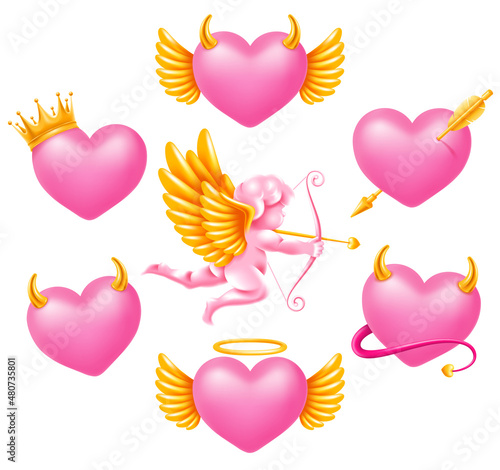 Set of realistic pink hearts with wings, pierced by cupid arrow, decorated by golden crown, horns, tail and halo. And even with flying cupid with bow. Vector illustration EPS10.