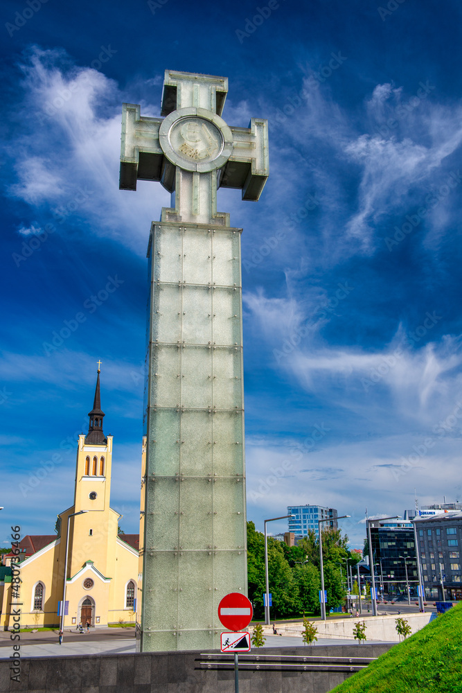 TALLINN, ESTONA - JULY 15, 2017: Monument to the War of Independence on Freedom square in Tallinn city centre.