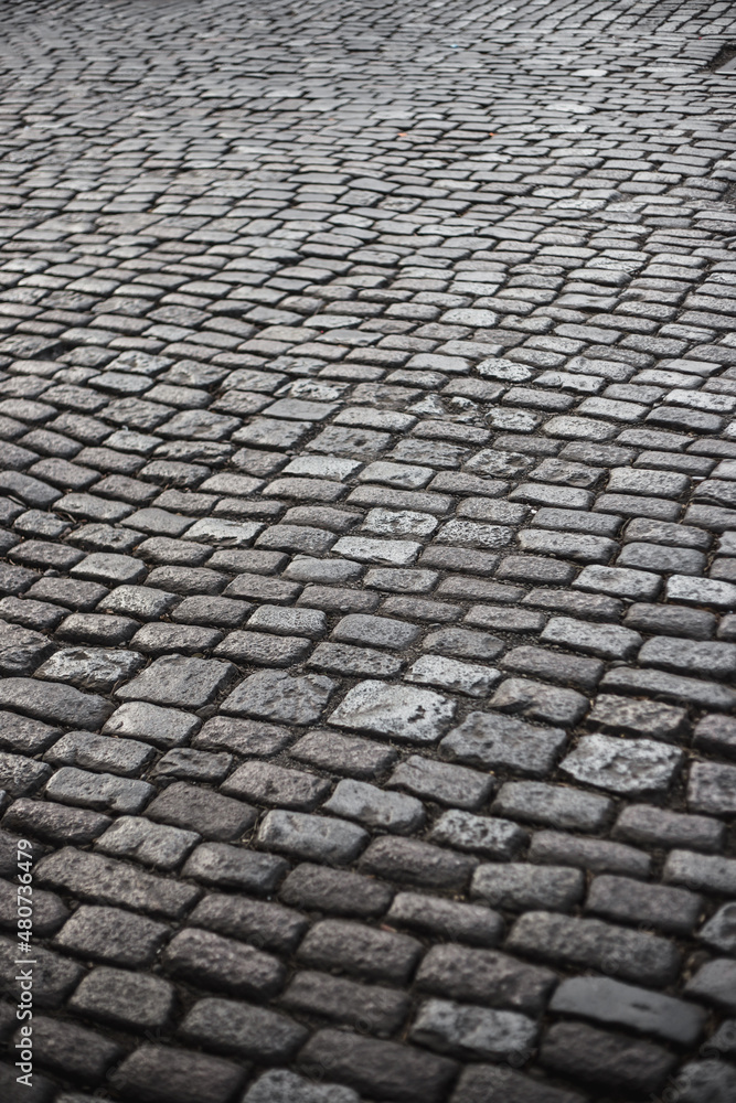Old stone cobbled road in the city - curved lines and authentic style
