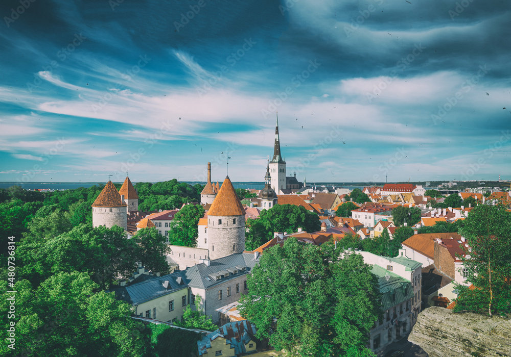 Panoramic aerial view of Tallinn from city hill, Estonia.