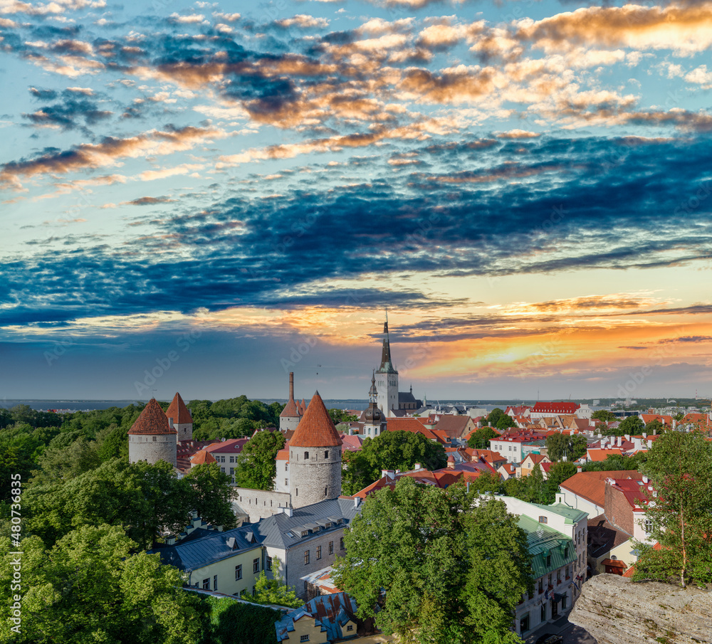 Panoramic aerial view of Tallinn at sunset from city tower, Estonia.