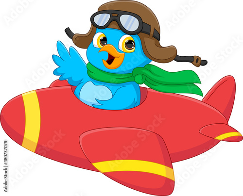 cartoon bird riding a plane and waving
