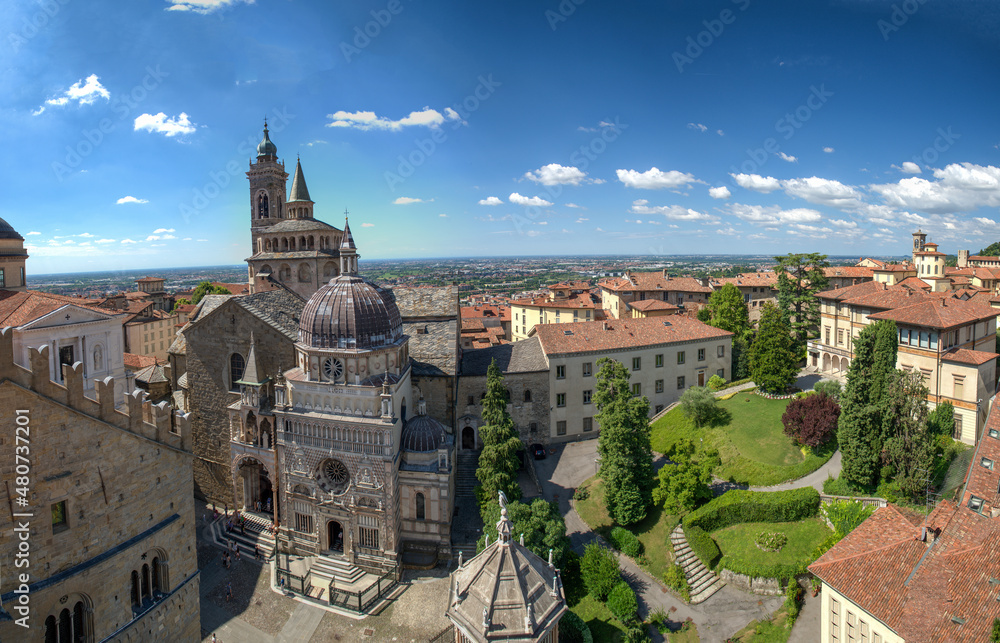 Fototapeta premium Panoramic aerial view of Bergamo Alta from city bell tower on a summer day, Italy