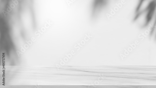 Shadow leaves blurred background with marble floor well editing display products and text present on free space backdrop 