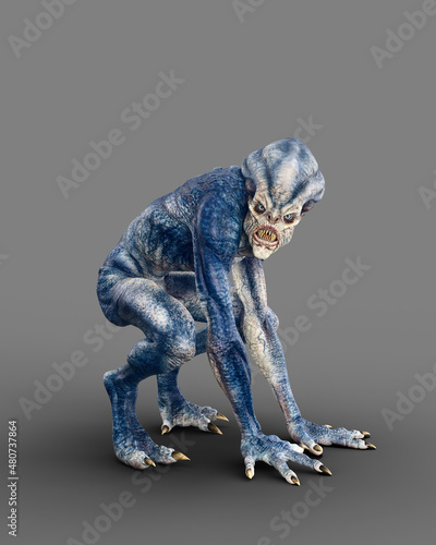 Scary humanoid alien creature with blue grey skin and sharp teeth crouching on all fours. 3D rendering isolated on grey background. © IG Digital Arts