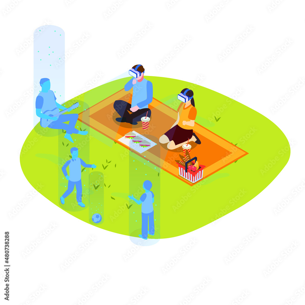Obraz premium Family togetherness in metaverse isometric 3d vector concept for banner, website, illustration, landing page, flyer, etc.