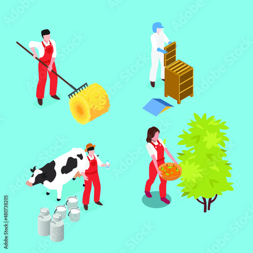Farmers and beekeeper flat agriculture icons set isometric 3d vector concept for banner, website, illustration, landing page, flyer, etc.