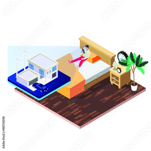 Owning a big house and a luxury car in metaverse isometric 3d vector concept for banner, website, illustration, landing page, flyer, etc.