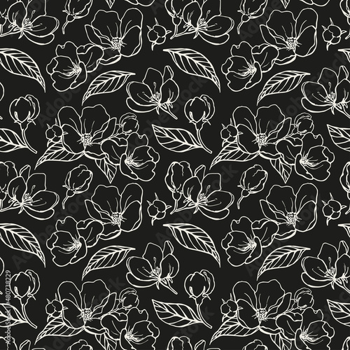 Black and white elegant floral background. Seamless vector pattern of apple tree flowers. Hand drawn illustration for design packaging, textile, wallpaper, fabric