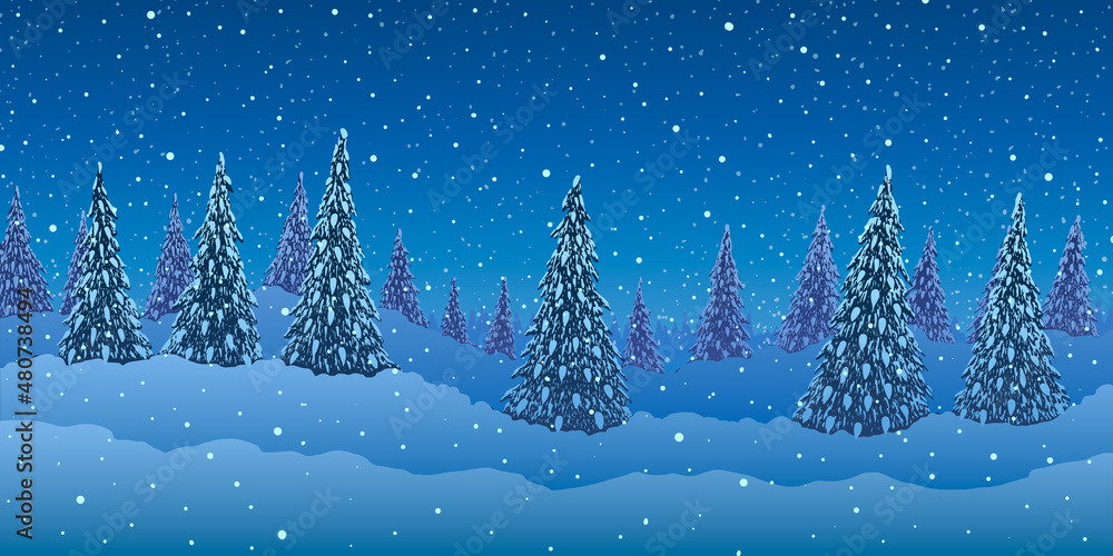 Vector winter illustration. Fir trees forest on hills against blue background of falling snow.