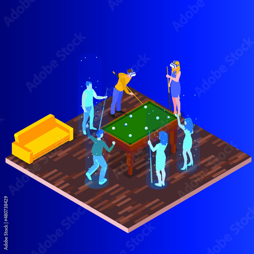 Young people playing billiards in metaverse isometric 3d vector concept for banner, website, illustration, landing page, flyer, etc.