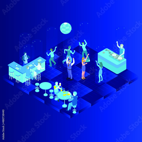 People dancing in a bar or nightclub in metaverse isometric 3d vector concept for banner, website, illustration, landing page, flyer, etc.