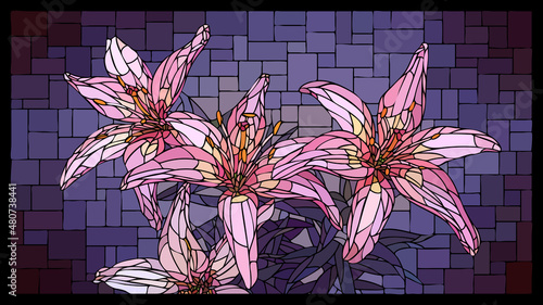 Vector horizontal mosaic with blooming pink lily flowers in stained glass window.