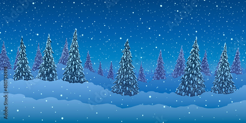 Vector winter illustration. Fir trees forest on hills against blue background of falling snow.