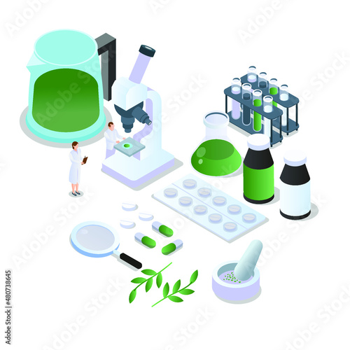 Modern apothecary, making of herbal medicine isometric 3d vector concept for banner, website, illustration, landing page, flyer, etc.