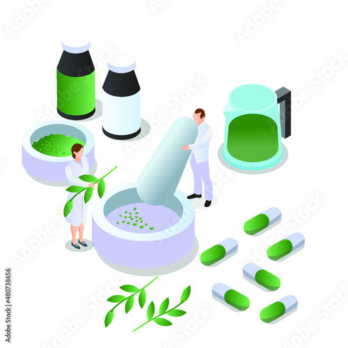 Making of herbal medicine isometric 3d vector concept