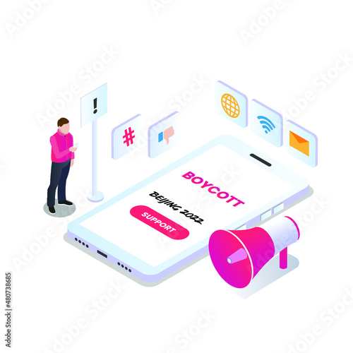 Boycott beijing 2022 on mobile phone isometric 3d vector concept for banner, website, illustration, landing page, flyer, etc.