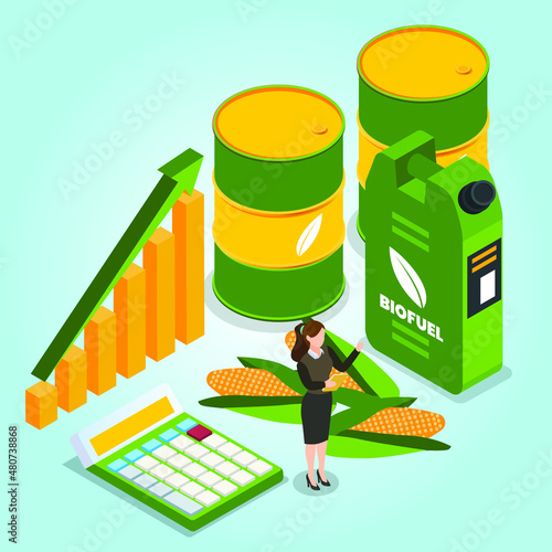 Female business woman with biofuel isometric 3d vector concept for banner, website, illustration, landing page, flyer, etc.